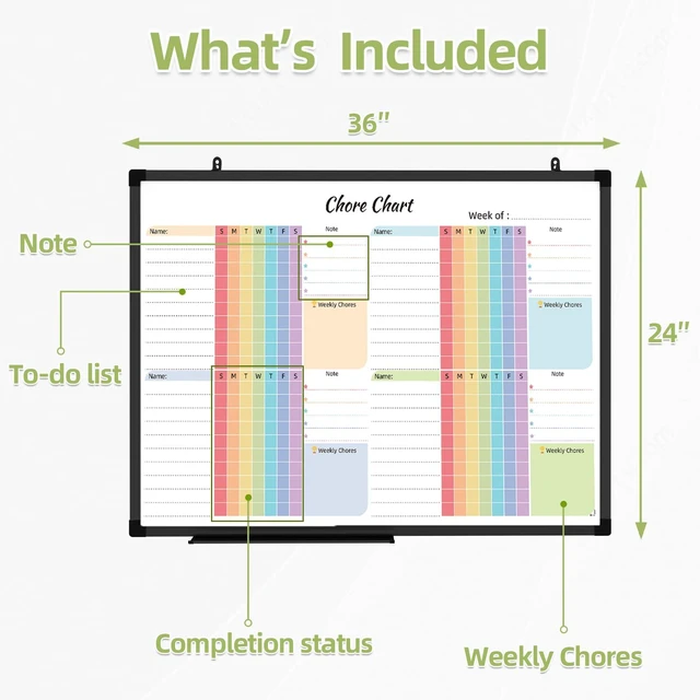 Alt view image 3 of 6 - 36" x 24" Magnetic Chore Chart Board, Dry Erase Board Aluminum Frame Wall Mounted for Home, Organization Reward Board for Messages