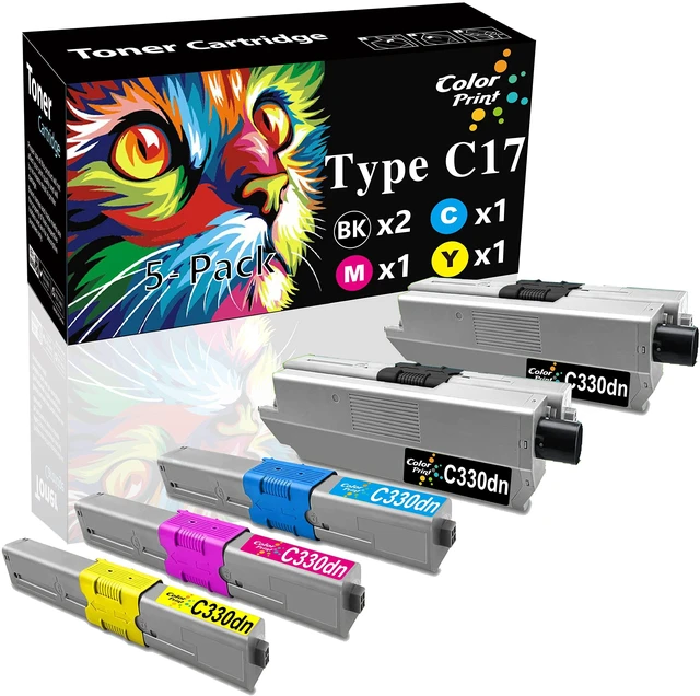 Main image of C330DN Toner Cartridge Replacement for Oki Type C17, 5-Pack 44469801 Black 44469703 Cyan 44469701 Yellow 44469702 Magenta C310dn C330dn C510dn C531dn C530dn MC362w MFP MC562w Printers