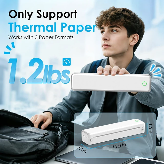 Alt view image 4 of 7 - Portable Inkless Printer, Bluetooth Thermal Printer, 8.5x11 Wireless Printer for Travel, Office and Home with 1 Roll and 10 US Letter Fanfold Sheets for Phones, Tablets and Laptops