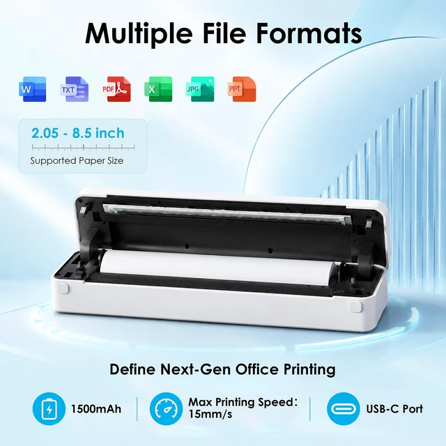 Alt view image 7 of 7 - Portable Inkless Printer, Bluetooth Thermal Printer, 8.5x11 Wireless Printer for Travel, Office and Home with 1 Roll and 10 US Letter Fanfold Sheets for Phones, Tablets and Laptops