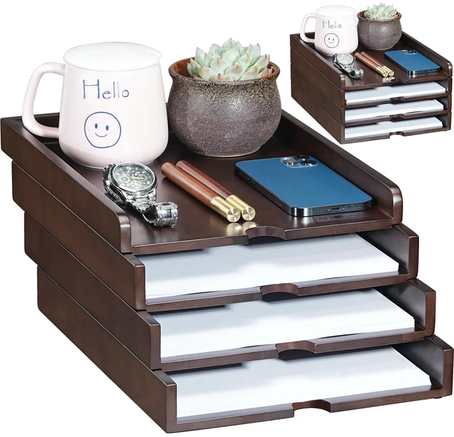 Main image of Solid Wood Stackable Letter Tray, 4-Tier Desk File Organizer for A4 Paper letter tray for files, mail, bills & documents. walnut finish desktop organizer for home office workspace declutter