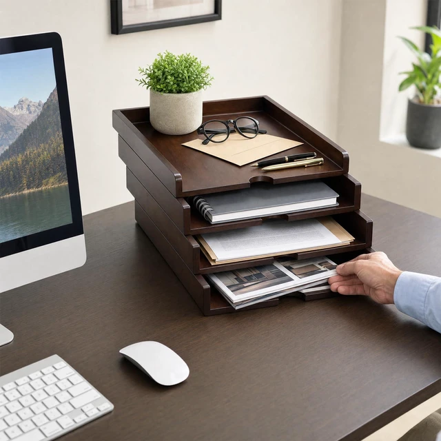 Alt view image 2 of 7 - Solid Wood Stackable Letter Tray, 4-Tier Desk File Organizer for A4 Paper letter tray for files, mail, bills & documents. walnut finish desktop organizer for home office workspace declutter