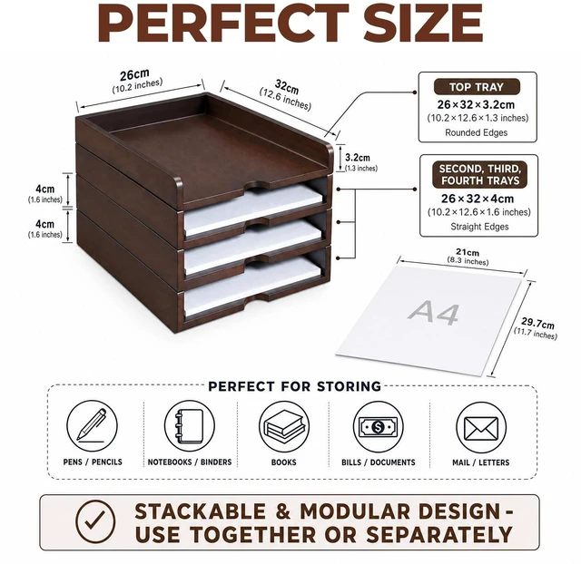 Alt view image 3 of 7 - Solid Wood Stackable Letter Tray, 4-Tier Desk File Organizer for A4 Paper letter tray for files, mail, bills & documents. walnut finish desktop organizer for home office workspace declutter