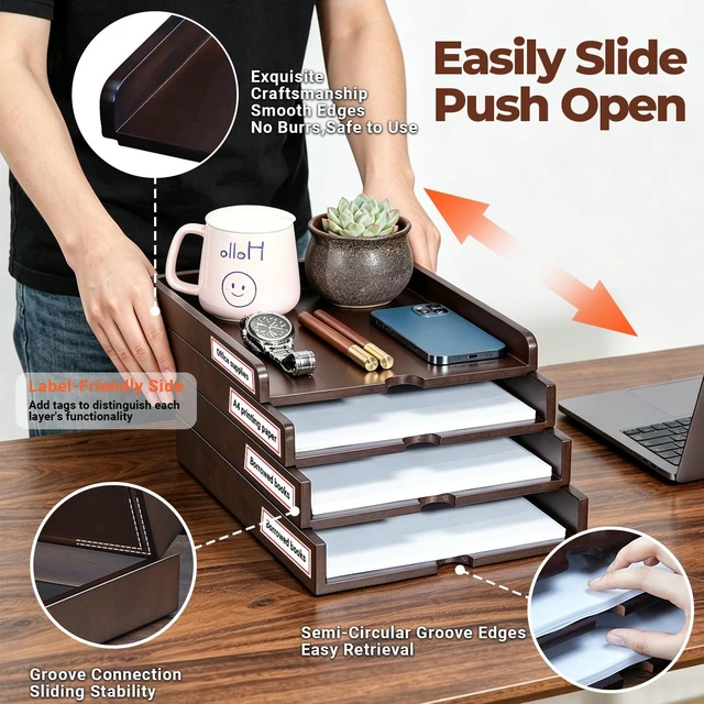 Alt view image 4 of 7 - Solid Wood Stackable Letter Tray, 4-Tier Desk File Organizer for A4 Paper letter tray for files, mail, bills & documents. walnut finish desktop organizer for home office workspace declutter