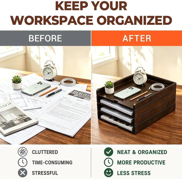 Alt view image 6 of 7 - Solid Wood Stackable Letter Tray, 4-Tier Desk File Organizer for A4 Paper letter tray for files, mail, bills & documents. walnut finish desktop organizer for home office workspace declutter