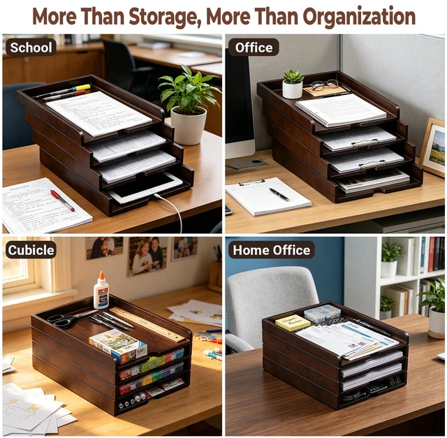Alt view image 7 of 7 - Solid Wood Stackable Letter Tray, 4-Tier Desk File Organizer for A4 Paper letter tray for files, mail, bills & documents. walnut finish desktop organizer for home office workspace declutter