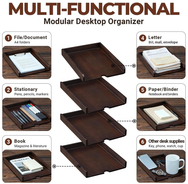 Alt view image 5 of 7 - Solid Wood Stackable Letter Tray, 4-Tier Desk File Organizer for A4 Paper letter tray for files, mail, bills & documents. walnut finish desktop organizer for home office workspace declutter