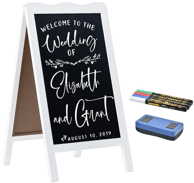 Alt view image 7 of 7 - 37 x 20 inch Double Sided Standing Magnetic Chalk Board Sign, Wave Shaped Real Wood Frame Metal Sandwich Board with 4 Chalk Markers for Wedding, Business, Home, White