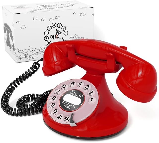 Main image of FunkyFon Cable Vintage Rotary Landline Telephone, Red Old fashioned 1920s dial with a loud ringtone. Artisan retrophone for the home, working on modern lines