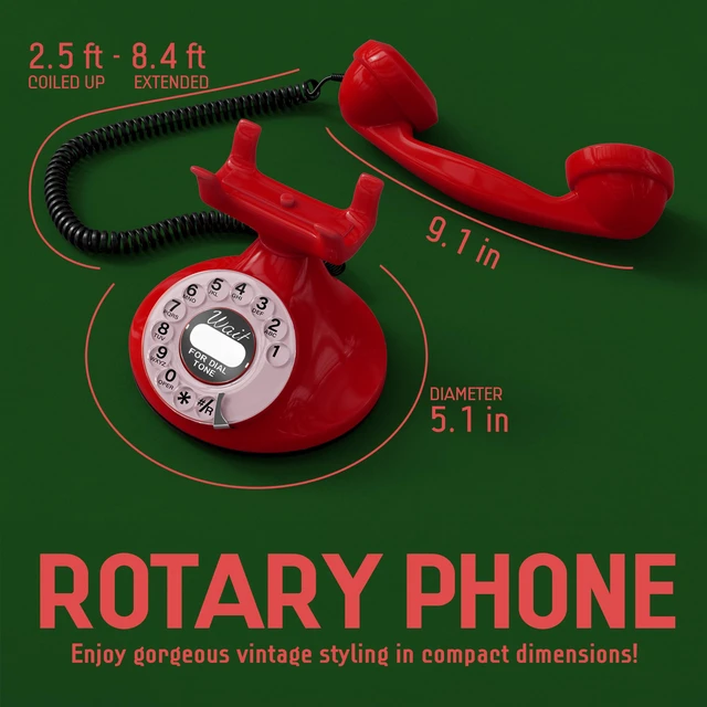 Alt view image 3 of 6 - FunkyFon Cable Vintage Rotary Landline Telephone, Red Old fashioned 1920s dial with a loud ringtone. Artisan retrophone for the home, working on modern lines