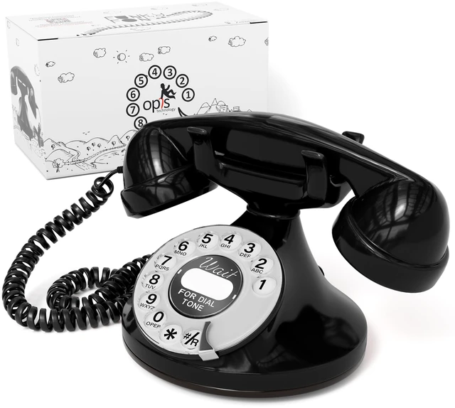 Main image of FunkyFon Cable Vintage Rotary Landline Telephone, Black Old fashioned 1920s dial with a loud ringtone. Artisan retrophone for the home, working on modern lines