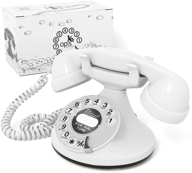 Main image of FunkyFon Cable Vintage Rotary Landline Telephone, White Old fashioned 1920s dial with a loud ringtone. Artisan retrophone for the home, working on modern lines