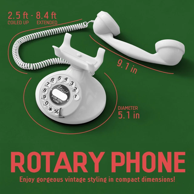 Alt view image 3 of 6 - FunkyFon Cable Vintage Rotary Landline Telephone, White Old fashioned 1920s dial with a loud ringtone. Artisan retrophone for the home, working on modern lines