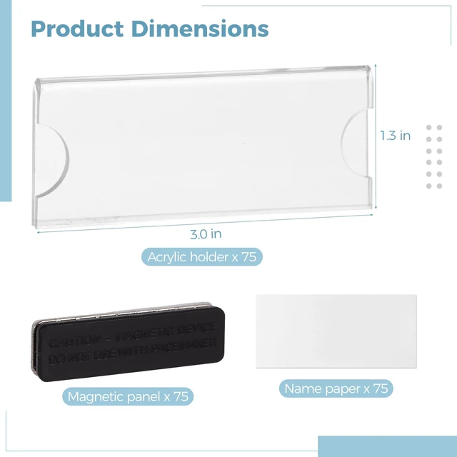 Alt view image 4 of 5 - 75 PCS Name Badge Magnets Kit, 3 x 1.3 inches Acrylic Magnetic Name Tag Holders, Magnetic Name Badge Holders with Blank Printable Paper, Adhesive ID Holders for Business Events School Office
