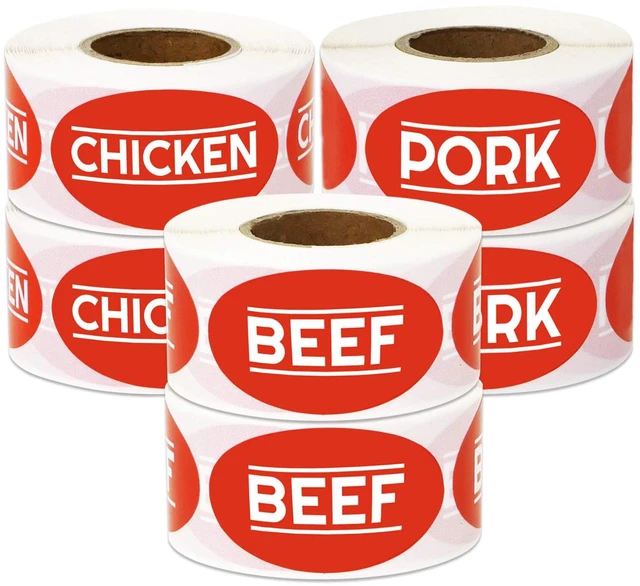 Main image of Beef Chicken Pork Meat Sticker Bundle, Red, 1.75 x 1 inch 1800 Labels, 6 Rolls, For Meat Markets & Supermarkets, Food Labeling