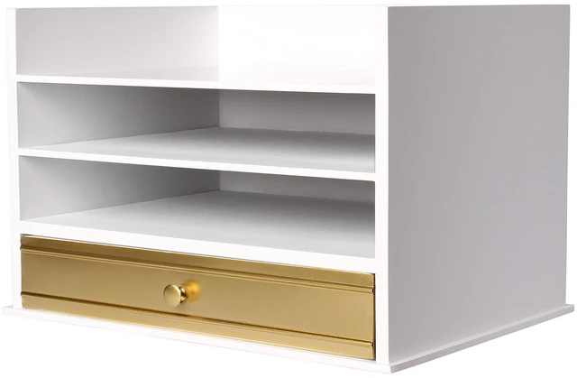 Main image of Industrious Desktop Wood Letter Tray with 3 Trays and Drawer, White and Gold
