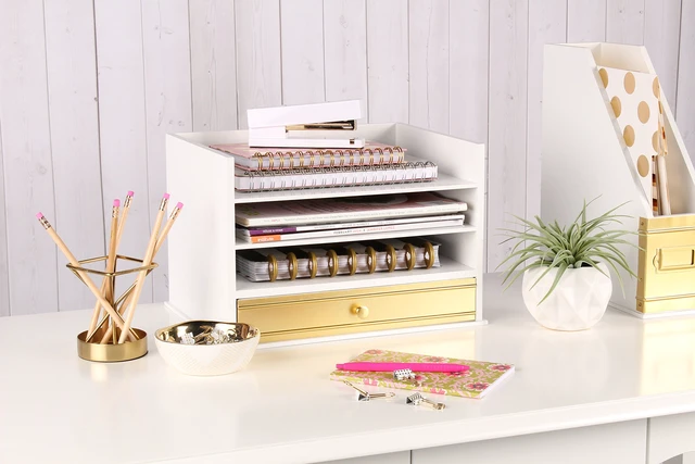 Alt view image 3 of 6 - Industrious Desktop Wood Letter Tray with 3 Trays and Drawer, White and Gold