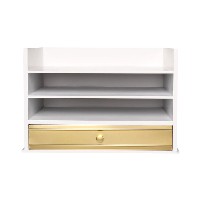 Alt view image 2 of 6 - Industrious Desktop Wood Letter Tray with 3 Trays and Drawer, White and Gold
