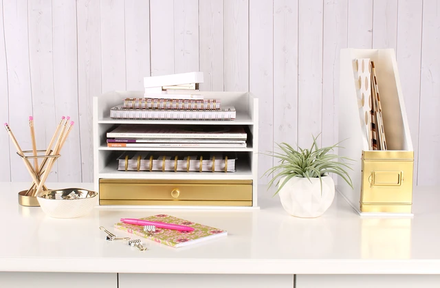 Alt view image 4 of 6 - Industrious Desktop Wood Letter Tray with 3 Trays and Drawer, White and Gold