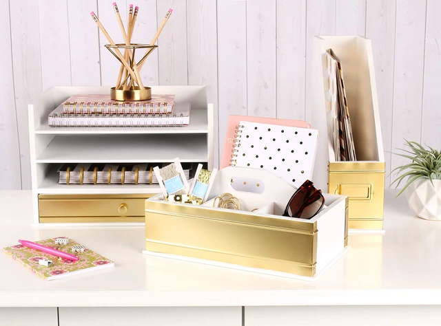 Alt view image 5 of 6 - Industrious Desktop Wood Letter Tray with 3 Trays and Drawer, White and Gold