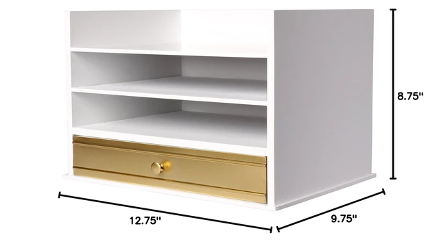 Alt view image 6 of 6 - Industrious Desktop Wood Letter Tray with 3 Trays and Drawer, White and Gold