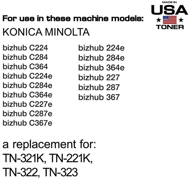 Alt view image 2 of 7 - Compatible Replacement for use in Konica Minolta TN321K, TN322, TN221K, TN323K, bizhub C224, C284, C364, C224e, C284e, C364e, 227, 287, 367 (Black, 1 Cartridge)