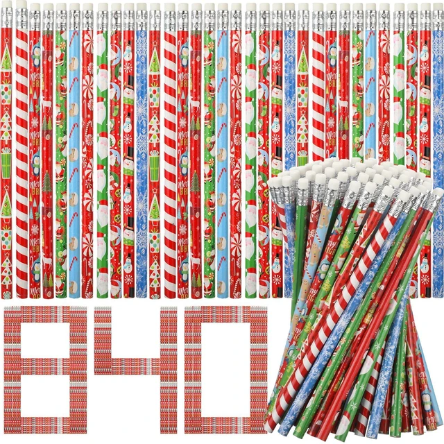 Main image of 840 Pcs Christmas Pencils with Eraser Xmas Wood Pencils Snowman Santa Claus Christmas Tree Snowflakes Candy Assortment Xmas Stationery Pencil Office Party Favors