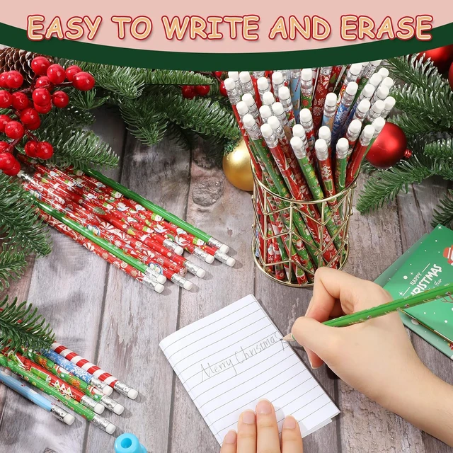 Alt view image 2 of 6 - 840 Pcs Christmas Pencils with Eraser Xmas Wood Pencils Snowman Santa Claus Christmas Tree Snowflakes Candy Assortment Xmas Stationery Pencil Office Party Favors