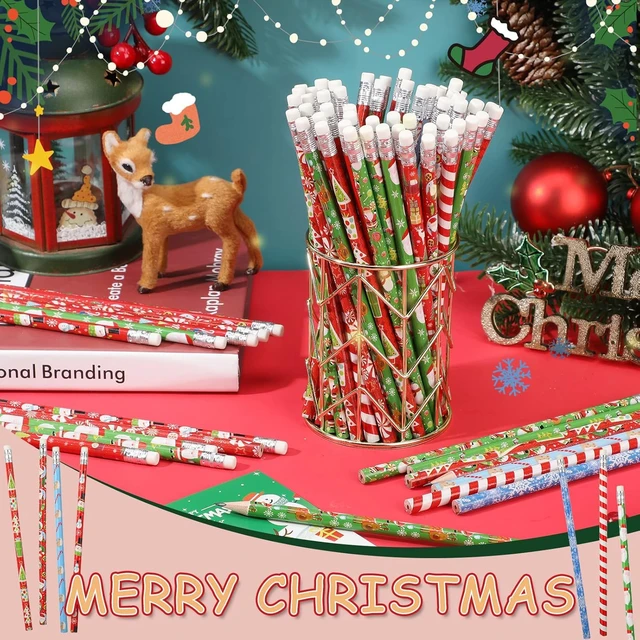 Alt view image 4 of 6 - 840 Pcs Christmas Pencils with Eraser Xmas Wood Pencils Snowman Santa Claus Christmas Tree Snowflakes Candy Assortment Xmas Stationery Pencil Office Party Favors