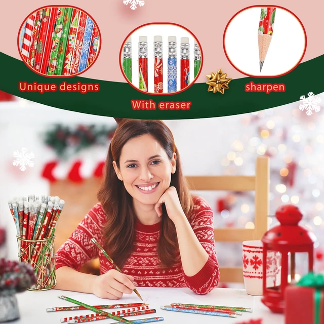 Alt view image 6 of 6 - 840 Pcs Christmas Pencils with Eraser Xmas Wood Pencils Snowman Santa Claus Christmas Tree Snowflakes Candy Assortment Xmas Stationery Pencil Office Party Favors