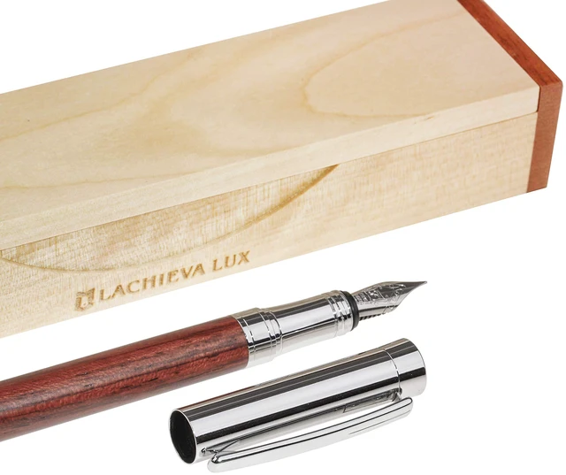 Main image of Rosewood Fountain Pen, German Fine Nib, Smooth Ink Flow, Wooden Gift Box with Converter & 2 Cartridges, Fancy Pen for Men and Women