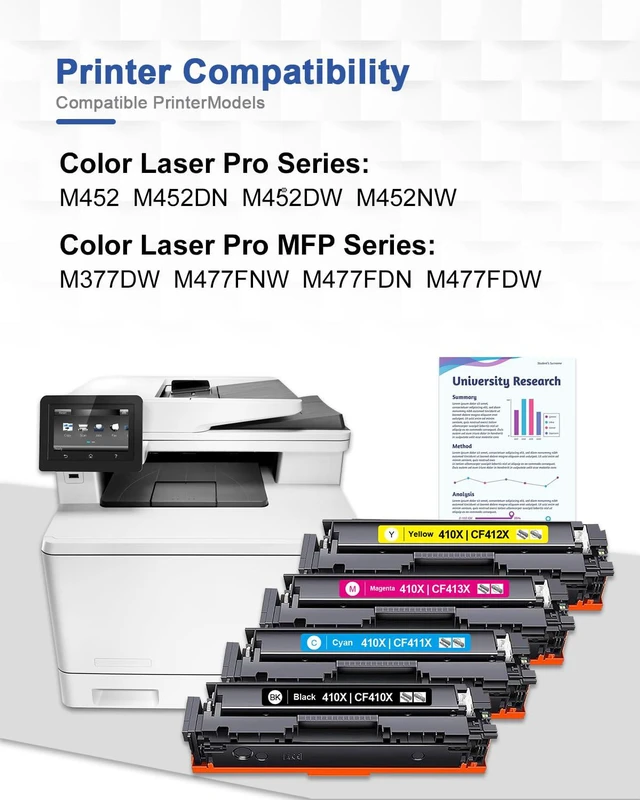 Alt view image 2 of 7 - 410X Toner Cartridges 4-Pack (1Black 1Cyan 1Yellow 1Magenta) Replacement for HP 410X 410A Compatible for Laser Pro MFP M477fdw M477fdn M477fnw Pro M452dn M452nw M452dw, CF410X