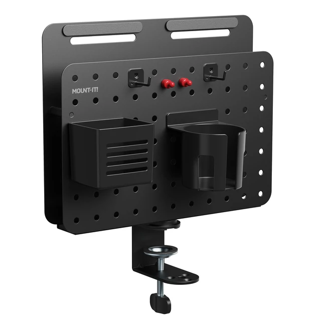 Alt view image 2 of 7 - Desk Pegboard Organizer, 360 Rotation, Black Clamp-on desk storage with cup holder, pen holder, hooks & magnets for home office, workshop & crafting stations