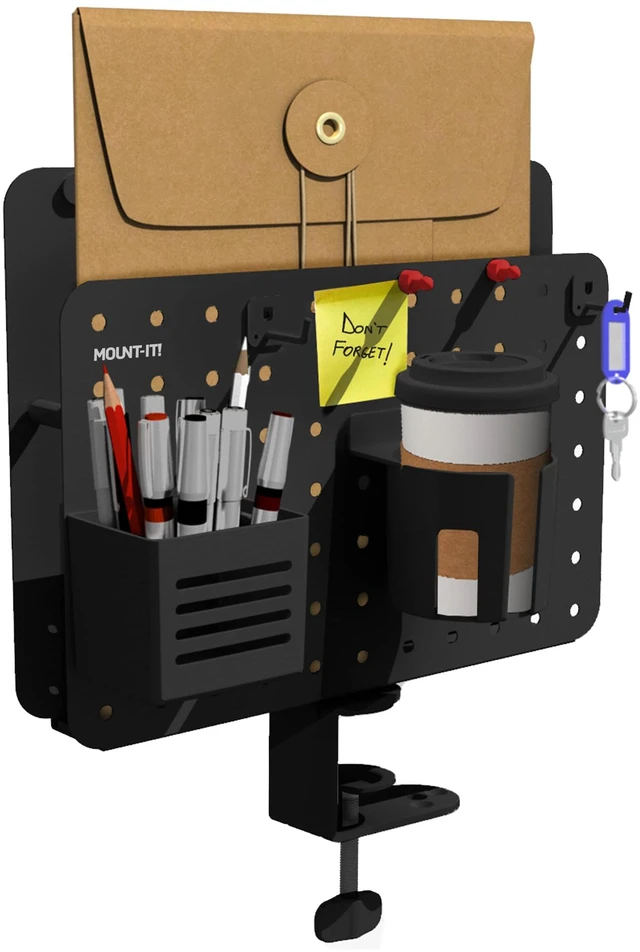 Main image of Desk Pegboard Organizer, 360 Rotation, Black Clamp-on desk storage with cup holder, pen holder, hooks & magnets for home office, workshop & crafting stations