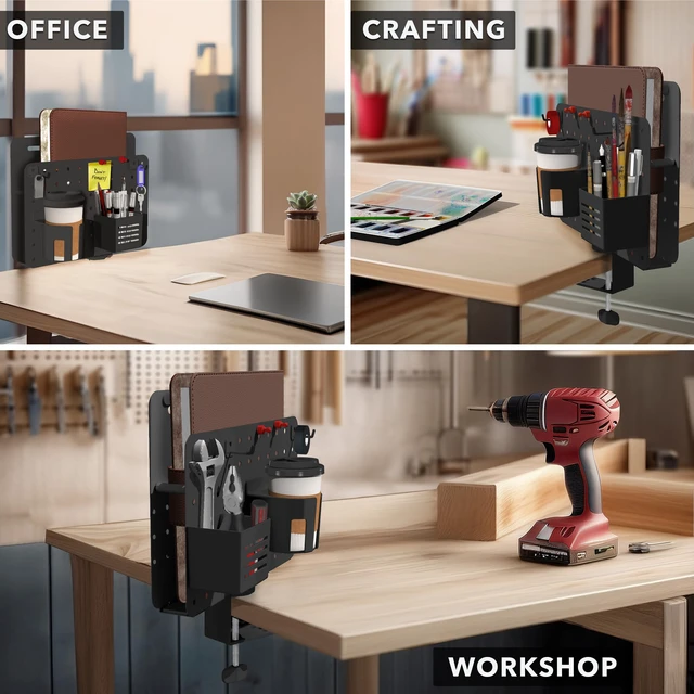 Alt view image 4 of 7 - Desk Pegboard Organizer, 360 Rotation, Black Clamp-on desk storage with cup holder, pen holder, hooks & magnets for home office, workshop & crafting stations