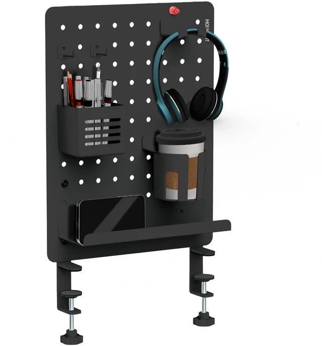 Main image of Clamp-On Magnetic Pegboard Organizer, 16.5x15.9 No-drill desktop storage with 7 accessories, vertical or horizontal mount for home office, gaming & crafting, black