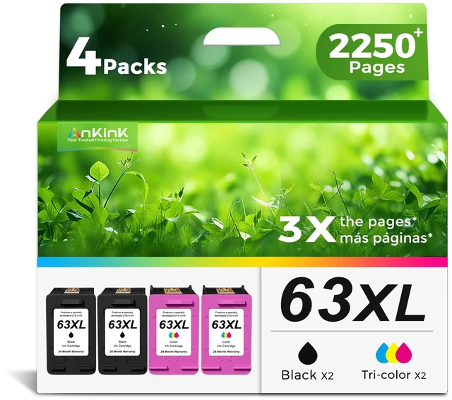 Main image of Higher Yield 63XL Ink Cartridge 2 Black and 2 Color Combo Pack for HP Ink 63 XL Officejet 3830 4650 4652 4655 5200 5252 5255 5258 Envy 4520 4512 Deskjet 1112 2132 3630 3632 Printer HP63