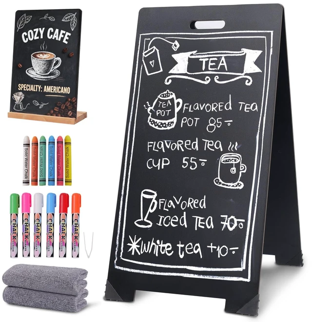 Main image of A-Frame Chalkboard Sign 16"x32" Double-Sided Sandwich Board with 8x12 Tabletop Chalkboard, Liquid & Regular Chalk Markers, Foldable Sidewalk Blackboard Menu Board for Business, Café & Restaurant