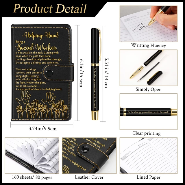 Alt view image 2 of 7 - 30 Sets Social Worker Gifts for Student Inspirational Leather Notebook Ballpoint Pen with Motivational Quotes for Social Worker Appreciation Teachers Bsw Msw (Black)