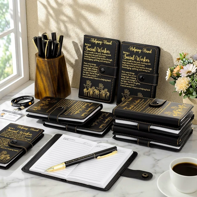 Alt view image 7 of 7 - 30 Sets Social Worker Gifts for Student Inspirational Leather Notebook Ballpoint Pen with Motivational Quotes for Social Worker Appreciation Teachers Bsw Msw (Black)