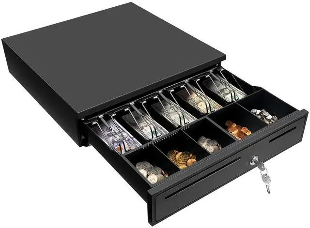 Main image of Black Cash Register Drawer 16" Black 5 Bill 5 Coin RJ11 RJ12 | Wide drawer with removable coin tray and 2 key-lock, compatible with Epson POS Square cashier till system