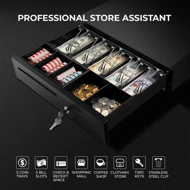 Alt view image 2 of 6 - Black Cash Register Drawer 16" Black 5 Bill 5 Coin RJ11 RJ12 | Wide drawer with removable coin tray and 2 key-lock, compatible with Epson POS Square cashier till system