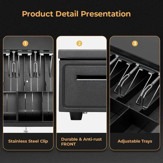 Alt view image 3 of 6 - Black Cash Register Drawer 16" Black 5 Bill 5 Coin RJ11 RJ12 | Wide drawer with removable coin tray and 2 key-lock, compatible with Epson POS Square cashier till system