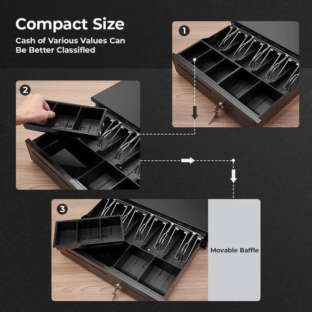 Alt view image 4 of 6 - Black Cash Register Drawer 16" Black 5 Bill 5 Coin RJ11 RJ12 | Wide drawer with removable coin tray and 2 key-lock, compatible with Epson POS Square cashier till system