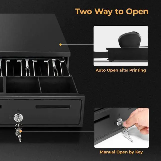 Alt view image 5 of 6 - Black Cash Register Drawer 16" Black 5 Bill 5 Coin RJ11 RJ12 | Wide drawer with removable coin tray and 2 key-lock, compatible with Epson POS Square cashier till system