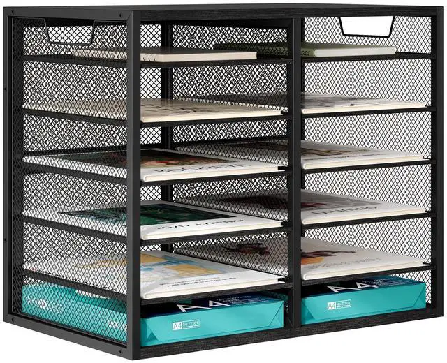 Main image of 12 Compartments Desktop Literature Organizer, Metal Frame Paper Sorter with Handles, Adjustable Mailbox for Classroom and Office, Desk File Organizer for Document, Bill, Magazine, Black