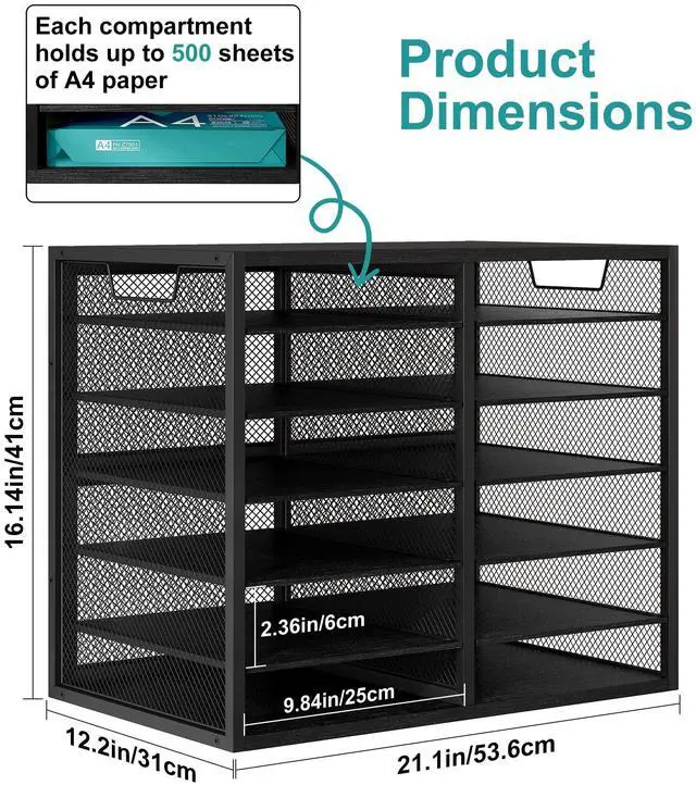 Alt view image 2 of 6 - 12 Compartments Desktop Literature Organizer, Metal Frame Paper Sorter with Handles, Adjustable Mailbox for Classroom and Office, Desk File Organizer for Document, Bill, Magazine, Black