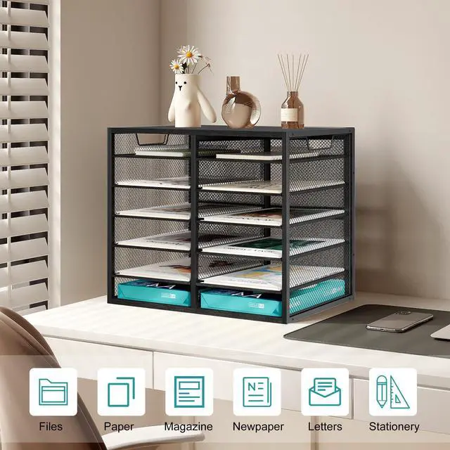 Alt view image 3 of 6 - 12 Compartments Desktop Literature Organizer, Metal Frame Paper Sorter with Handles, Adjustable Mailbox for Classroom and Office, Desk File Organizer for Document, Bill, Magazine, Black