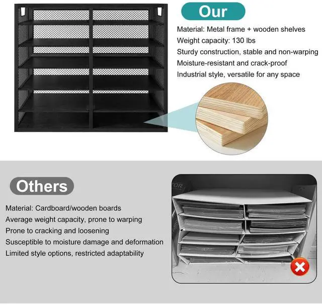 Alt view image 5 of 6 - 12 Compartments Desktop Literature Organizer, Metal Frame Paper Sorter with Handles, Adjustable Mailbox for Classroom and Office, Desk File Organizer for Document, Bill, Magazine, Black