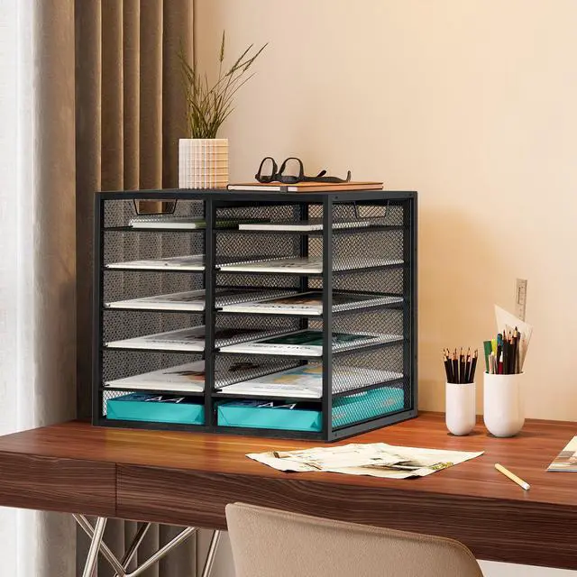 Alt view image 6 of 6 - 12 Compartments Desktop Literature Organizer, Metal Frame Paper Sorter with Handles, Adjustable Mailbox for Classroom and Office, Desk File Organizer for Document, Bill, Magazine, Black